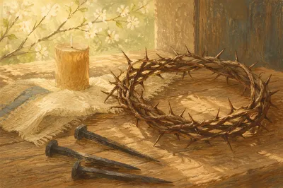 Crown of Thorns and Nails on Wood