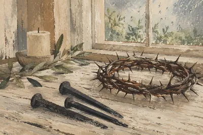 Crown of Thorns and Nails on Wood