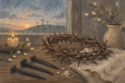 Crown of Thorns with Nails at Dawn