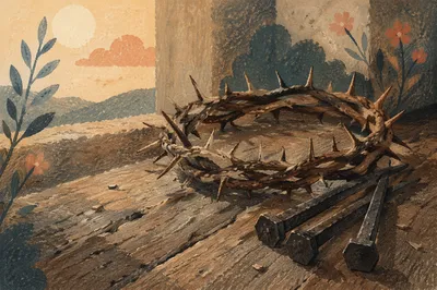 Crown of Thorns and Nails on Weathered Wood