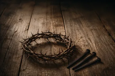 Crown of Thorns and Nails on Weathered Wood