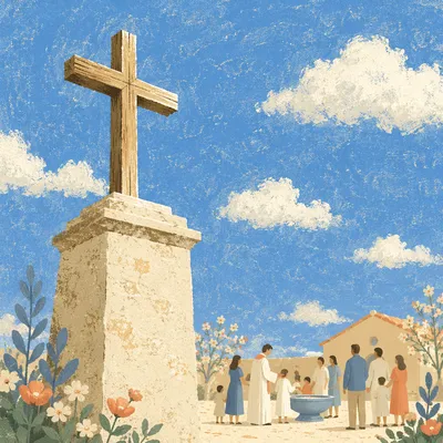 Wooden Cross Above Easter Baptism Gathering