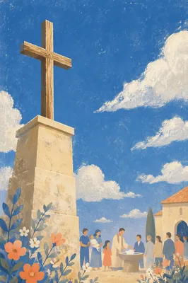 Easter Baptism Cross Under Spring Sky