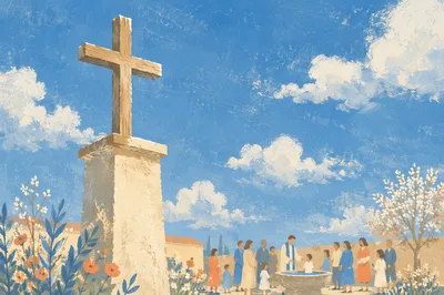 Easter Baptism Cross Under Spring Sky