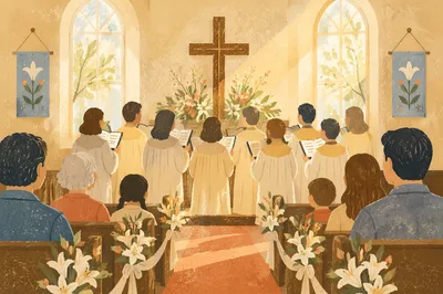 Joyful Easter Choir in Country Church