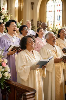 Joyful Choir Singing in Sunlit Church