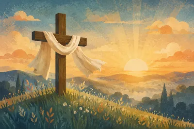 Easter Cross at Sunrise With White Cloth