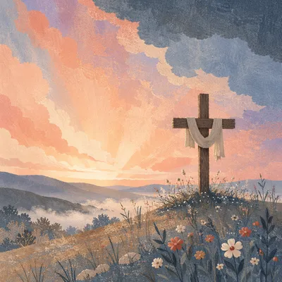 Easter Cross Sunrise Over Misty Hillside