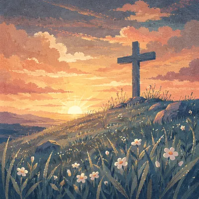 Easter Cross Sunrise Over Grassy Hill