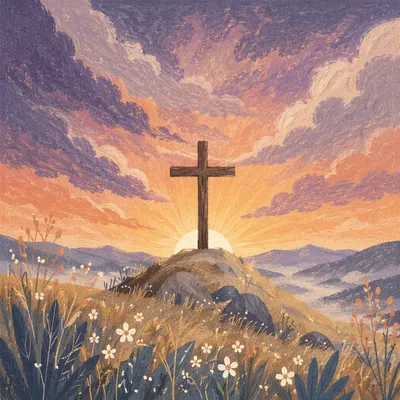 Easter Cross Sunrise Over Misty Meadow