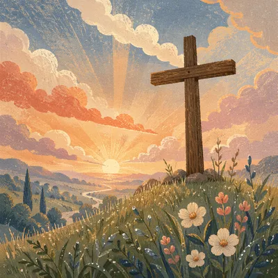 Easter Cross Sunrise Over Misty Spring Hill