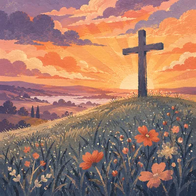 Easter Cross Sunrise Over Misty Meadow