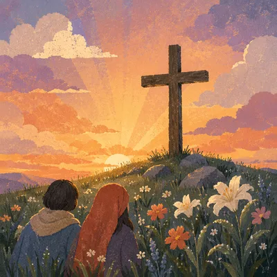 Easter Cross at Dramatic Sunrise Hillside