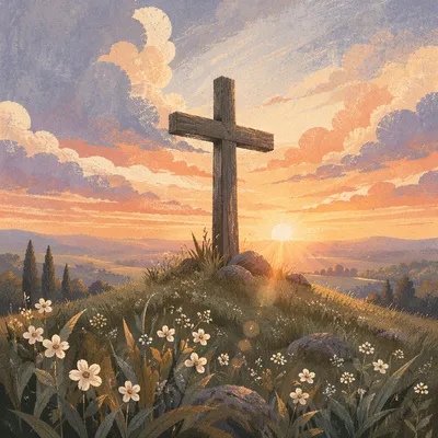 Weathered Easter Cross Beneath Dramatic Sunrise Sky