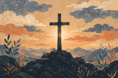Easter Cross Sunrise Over Rugged Mountain Ridge
