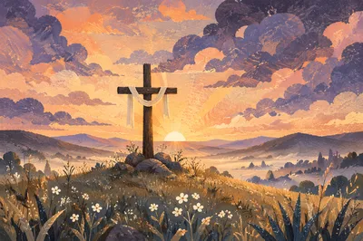 Easter Cross Sunrise Over Misty Meadow
