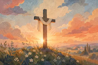 Weathered Easter Cross at Dramatic Sunrise