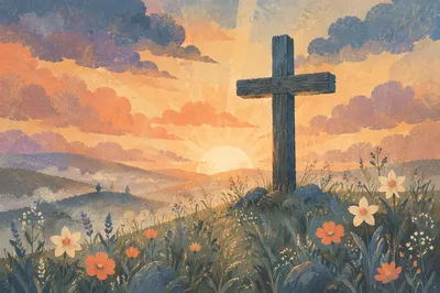 Easter Cross on Dramatic Sunrise Hillside