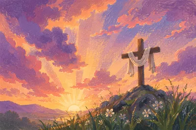 Easter Cross at Dramatic Sunrise Sky