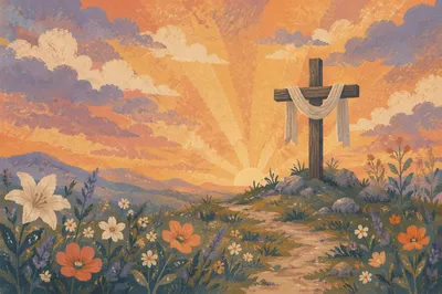 Easter Cross Sunrise Over Grassy Hillside
