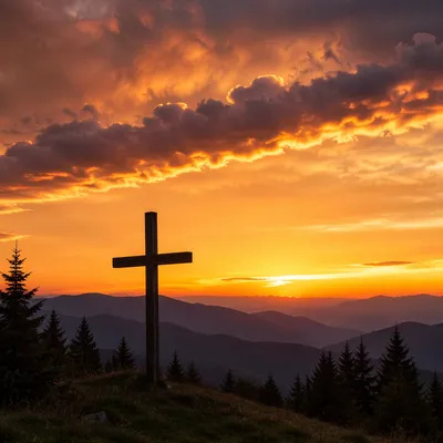 Easter Cross Sunrise Over Dramatic Mountain Sky