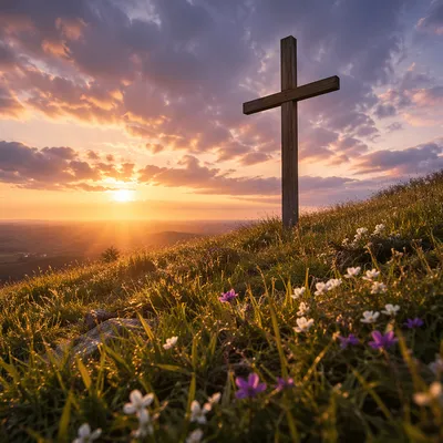 Easter Cross Sunrise Over Peaceful Hillside