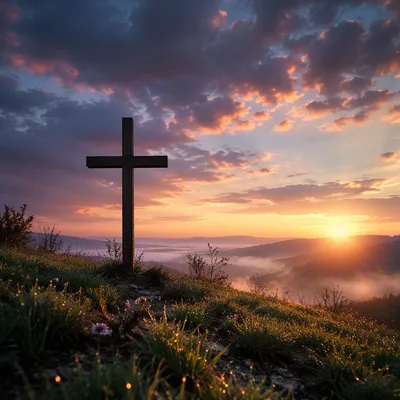 Easter Cross Sunrise Over Misty Hillside