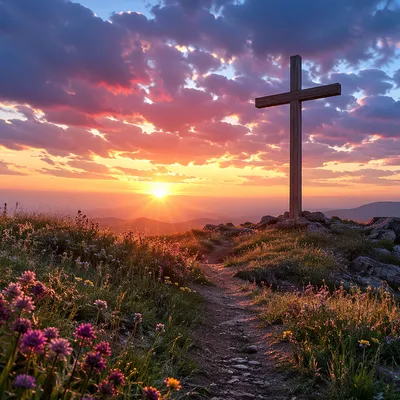 Easter Cross Sunrise Over Grassy Hill