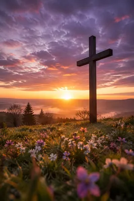Easter Cross Sunrise Over Spring Meadow