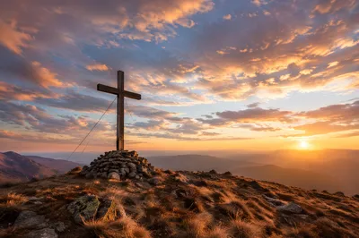 Easter Cross at Dramatic Mountain Sunrise
