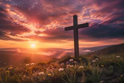 Easter Cross Sunrise Over Misty Meadow