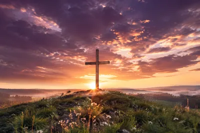 Easter Cross Sunrise Over Misty Meadow