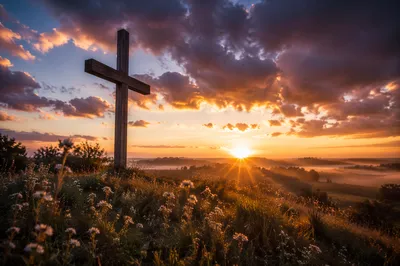 Easter Cross at Dramatic Sunrise Meadow