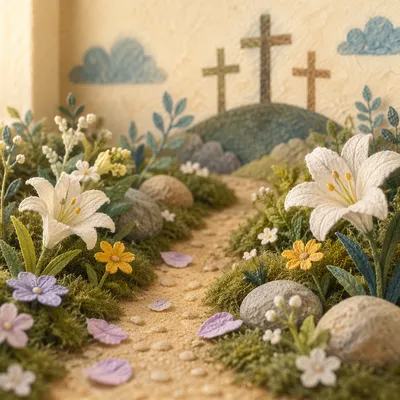 Easter Garden Path With Lilies and Crosses
