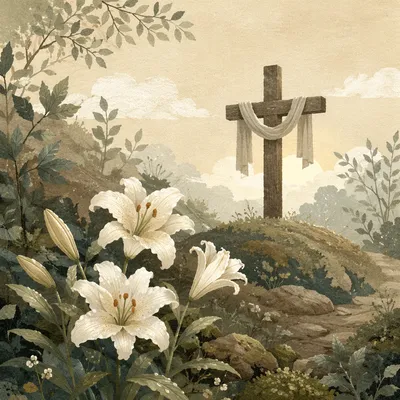 Easter Garden Lilies by Wooden Cross