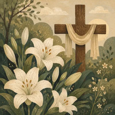 Easter Garden Lilies Around Wooden Cross