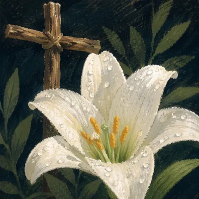 Dewy Easter Lily Before Wooden Cross