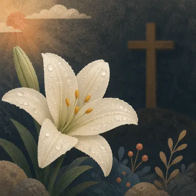 Dewy Easter Lily Before Wooden Cross