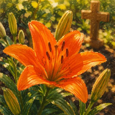 Easter Lily Garden with Wooden Cross