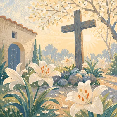 Peaceful Easter Garden with Lilies and Cross