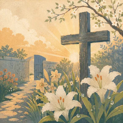Peaceful Easter Garden Cross with Lilies