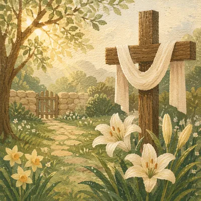 Easter Garden Cross with Blooming Lilies
