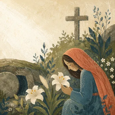 Easter Garden Lilies and Wooden Cross