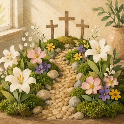 Easter Garden Path with Lilies and Crosses