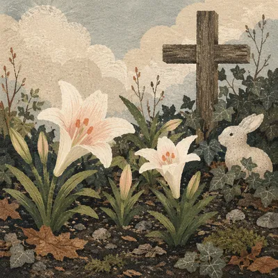 Easter Garden Lilies and Wooden Cross