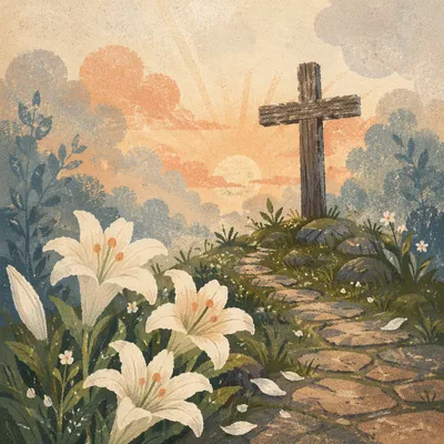 Easter Garden Cross Among White Lilies