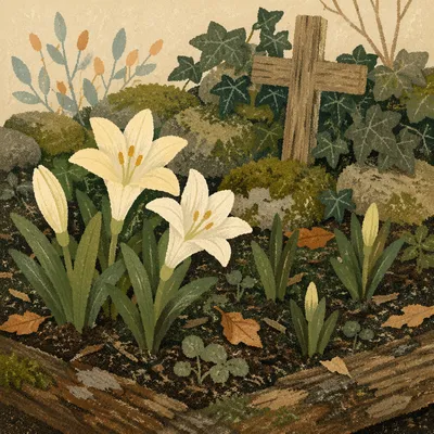 Peaceful Easter Garden with Lilies and Cross