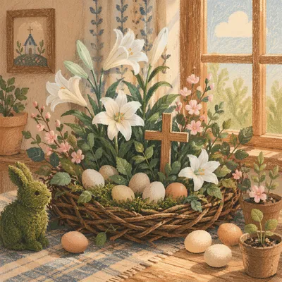 Easter Garden with Lilies and Wooden Cross