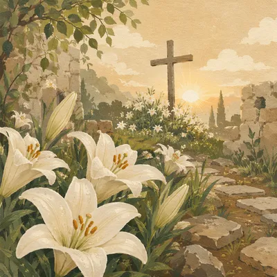Easter Garden Lilies Before Weathered Cross