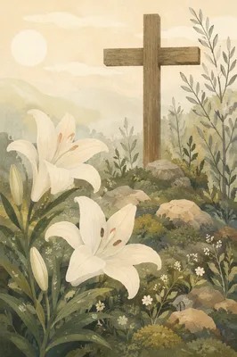 Easter Garden Lilies with Wooden Cross